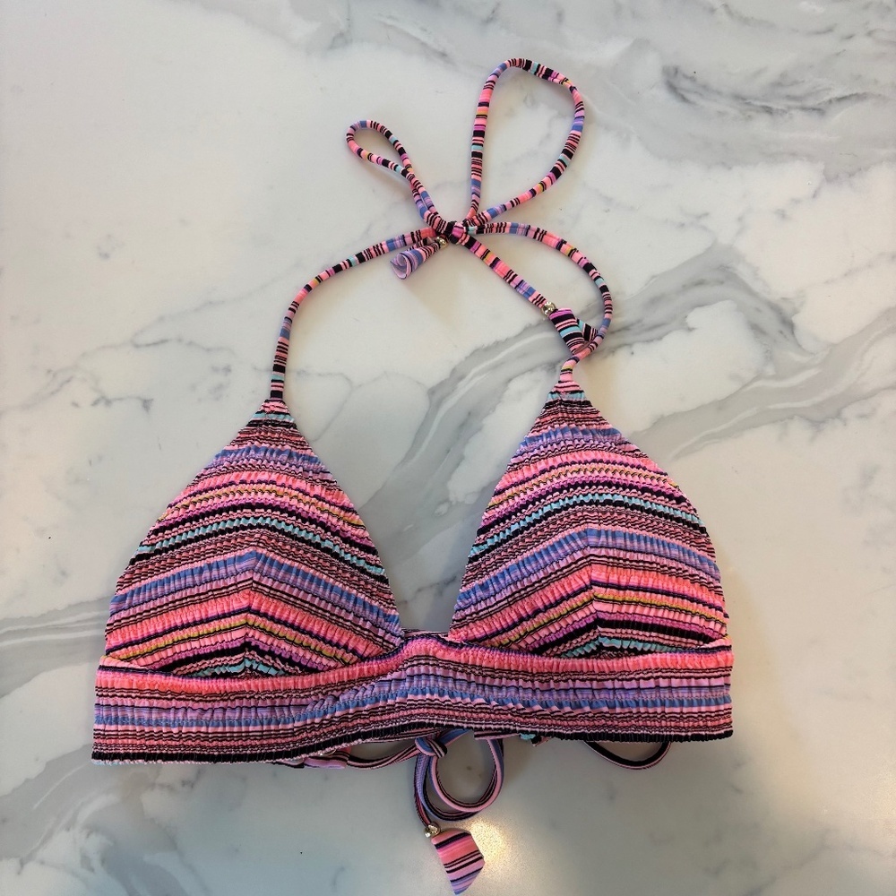 Victoria Secret Stripe Crinkle Halter Bikini Top with Lace Up Back Closure